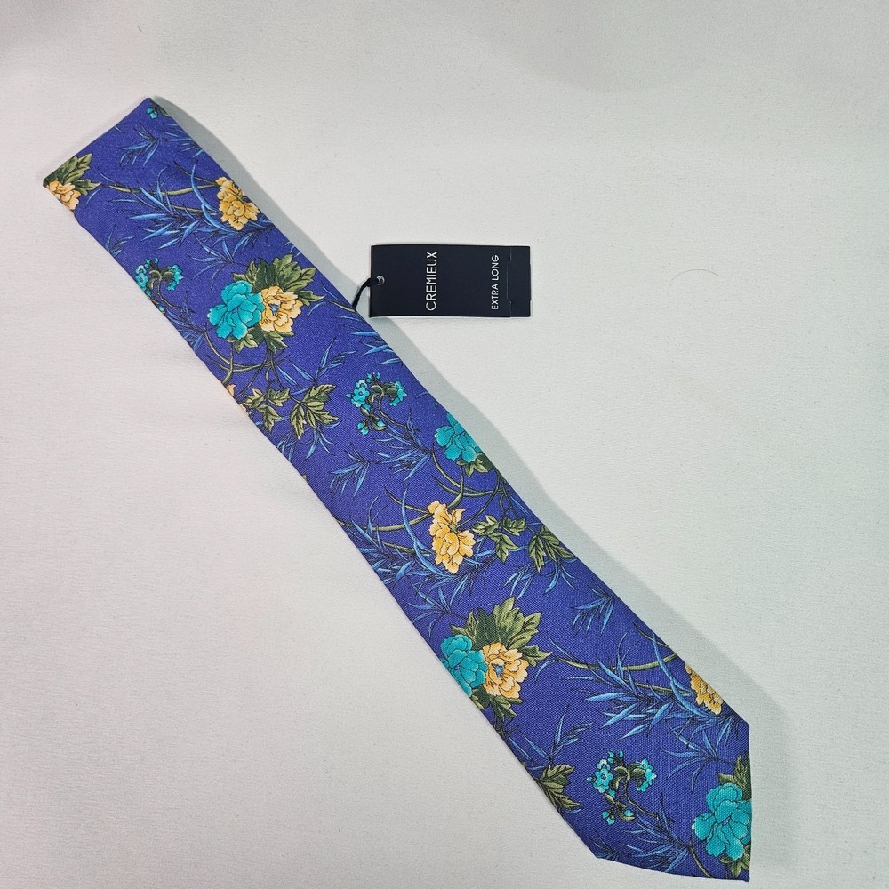 New Cremieux Cotton Silk‎ Made in Italy Tie Men Floral Blue 3"x 62" Extra Long